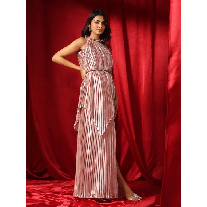 B'Infinite Classic Pink Metallic Pleated Gown with Belt (Set of 2)