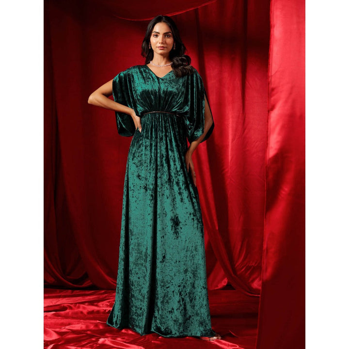 B'Infinite Emerald Green Velvet Drape Gown with Belt (Set of 2)