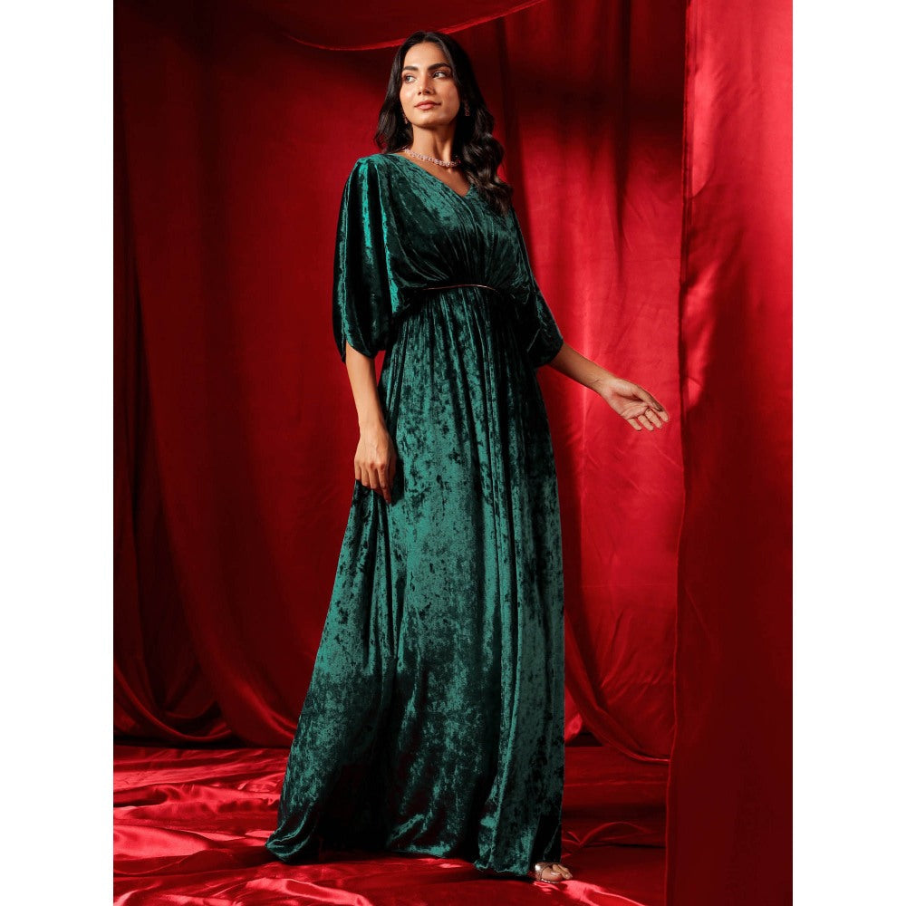 B'Infinite Emerald Green Velvet Drape Gown with Belt (Set of 2)