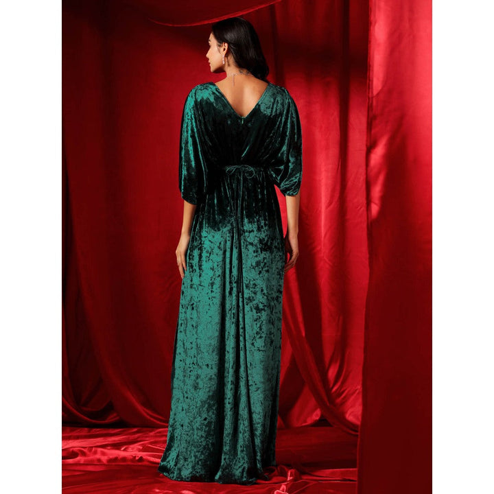 B'Infinite Emerald Green Velvet Drape Gown with Belt (Set of 2)