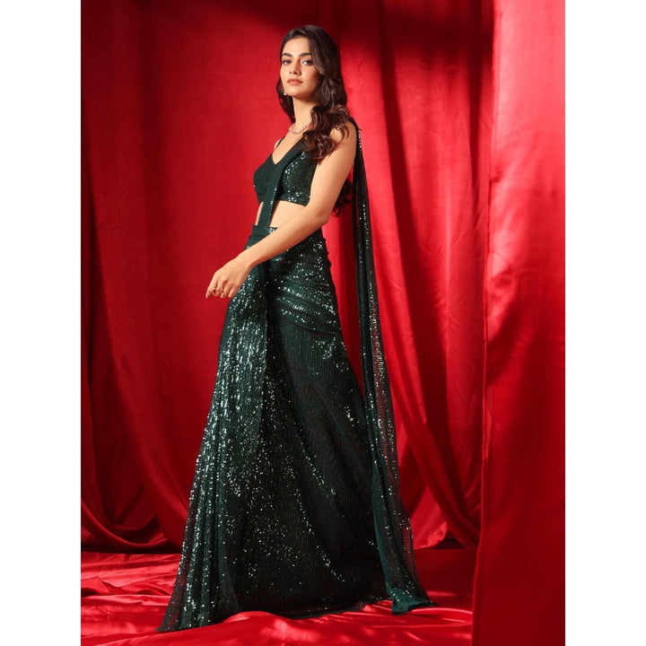 B'Infinite Emerald Dazzling Pre Draped Saree with Stitched Blouse