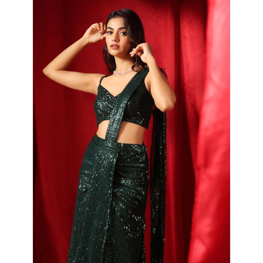 B'Infinite Emerald Dazzling Pre Draped Saree with Stitched Blouse