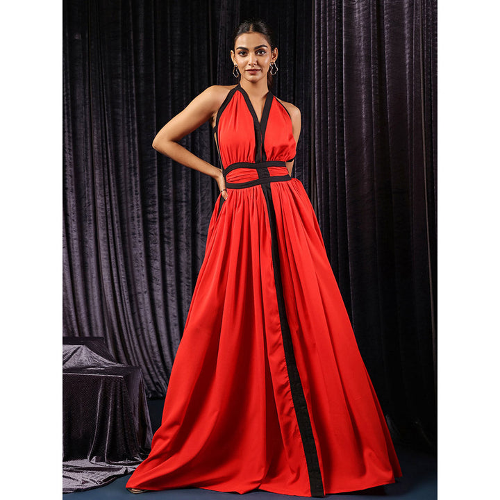 B'Infinite Red Vermilion Eclipse Accent Maxi Dress