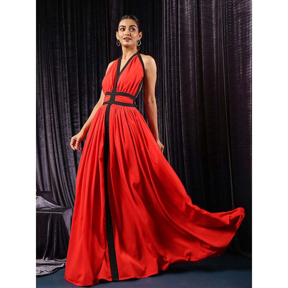 B'Infinite Red Vermilion Eclipse Accent Maxi Dress