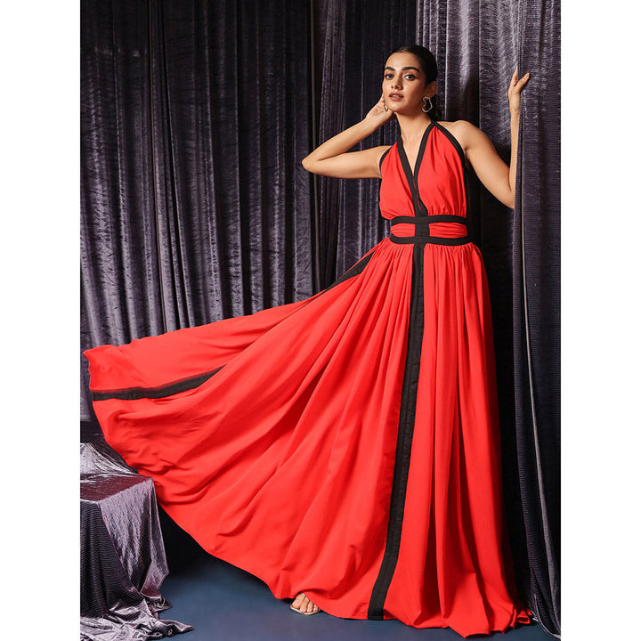 B'Infinite Red Vermilion Eclipse Accent Maxi Dress