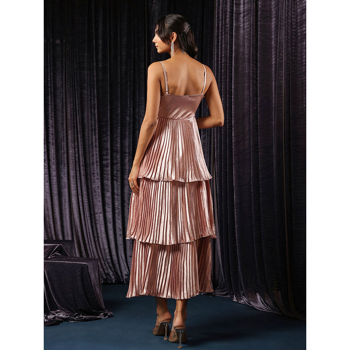 B'Infinite Pink Classic Metallic Pleated Tiered Maxi Dress