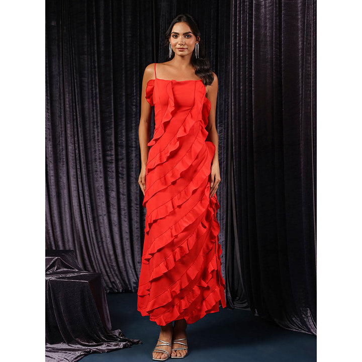 B'Infinite Red Vermilion Veil Shoulder Straps Ruffled Maxi Dress