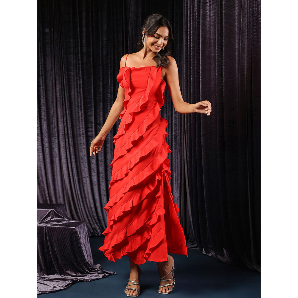 B'Infinite Red Vermilion Veil Shoulder Straps Ruffled Maxi Dress