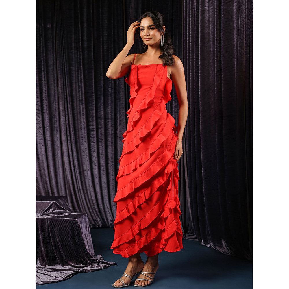 B'Infinite Red Vermilion Veil Shoulder Straps Ruffled Maxi Dress