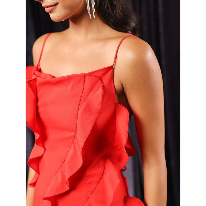 B'Infinite Red Vermilion Veil Shoulder Straps Ruffled Maxi Dress