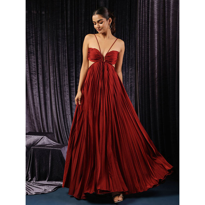 B'Infinite Maroon Garnet Pleated Cutout Dress