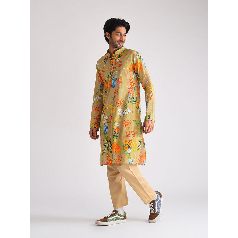 Blushing Couture by Shafali Beige Printed Men Kurta (Set of 2)