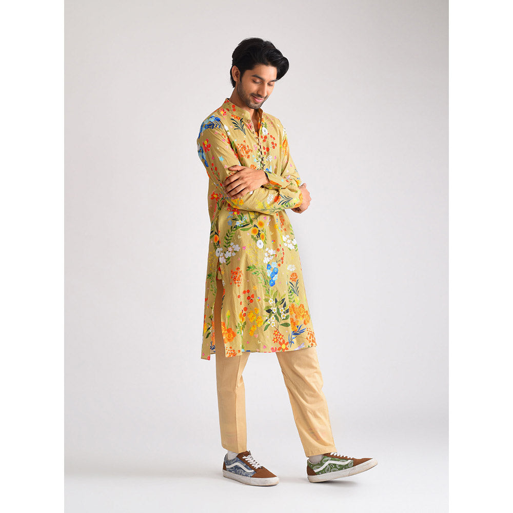 Blushing Couture by Shafali Beige Printed Men Kurta (Set of 2)