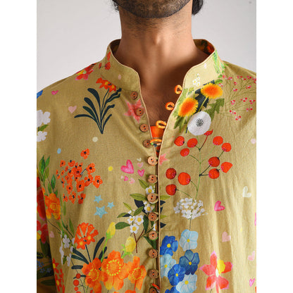 Blushing Couture by Shafali Beige Printed Men Kurta (Set of 2)