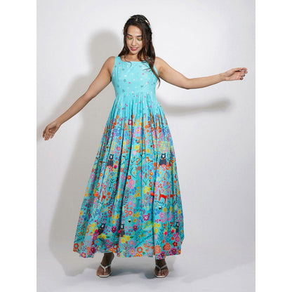 Blushing Couture by Shafali Blue Flora Print Embroidered Anarkali (Set of 3)