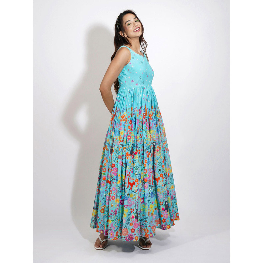 Blushing Couture by Shafali Blue Flora Print Embroidered Anarkali (Set of 3)