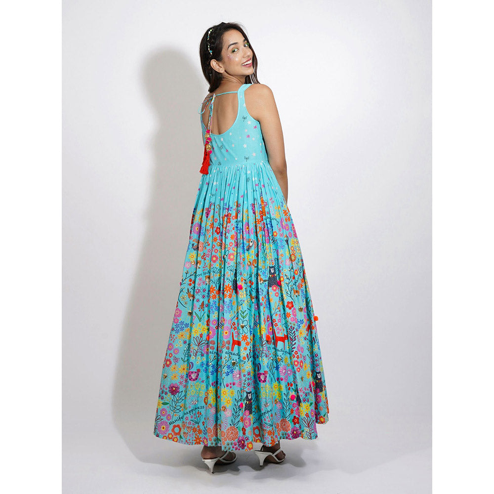 Blushing Couture by Shafali Blue Flora Print Embroidered Anarkali (Set of 3)