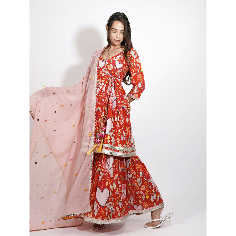 Blushing Couture by Shafali Red Heart Print Embroidered Sharara (Set of 3)