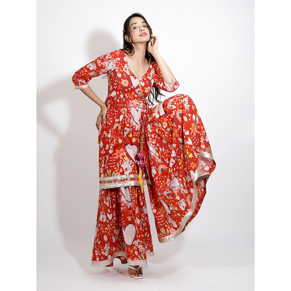 Blushing Couture by Shafali Red Heart Print Embroidered Sharara (Set of 3)