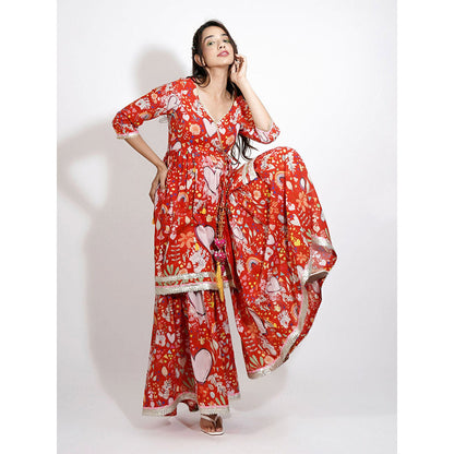 Blushing Couture by Shafali Red Heart Print Embroidered Sharara (Set of 3)