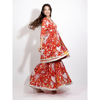 Blushing Couture by Shafali Red Heart Print Embroidered Sharara (Set of 3)