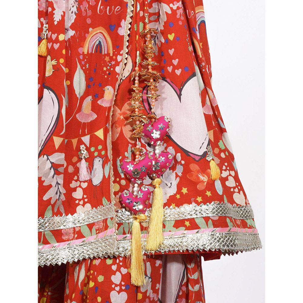 Blushing Couture by Shafali Red Heart Print Embroidered Sharara (Set of 3)