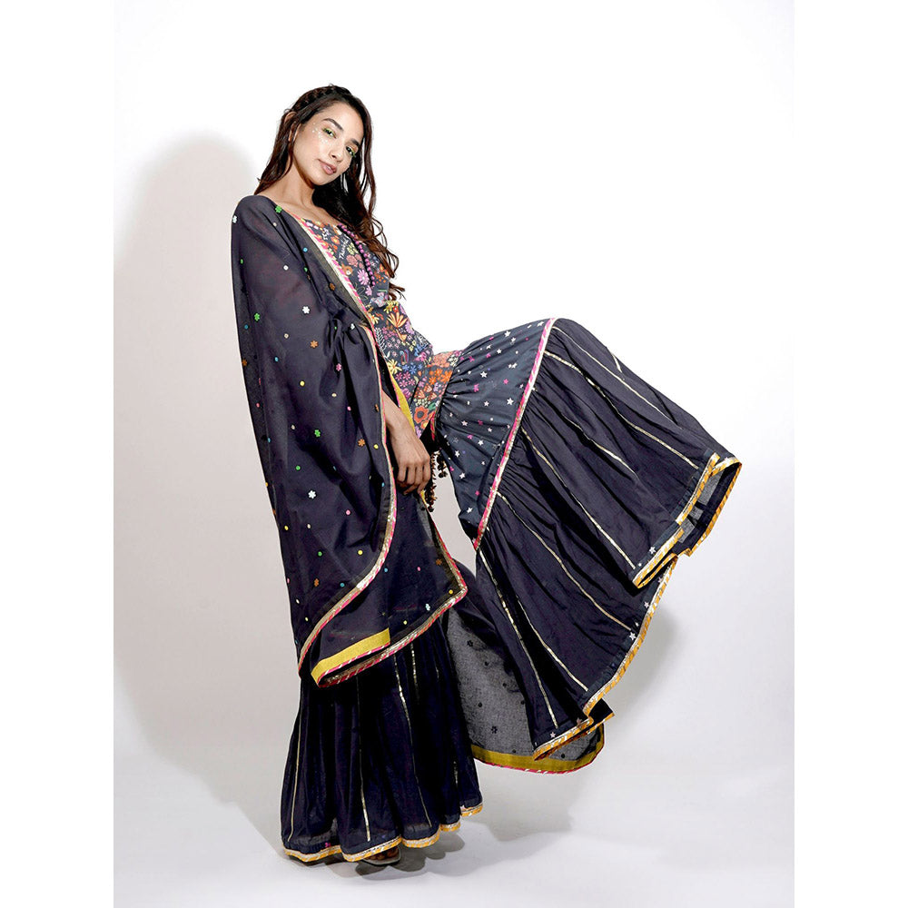 Blushing Couture by Shafali Black Flora Print Sharara (Set of 3)