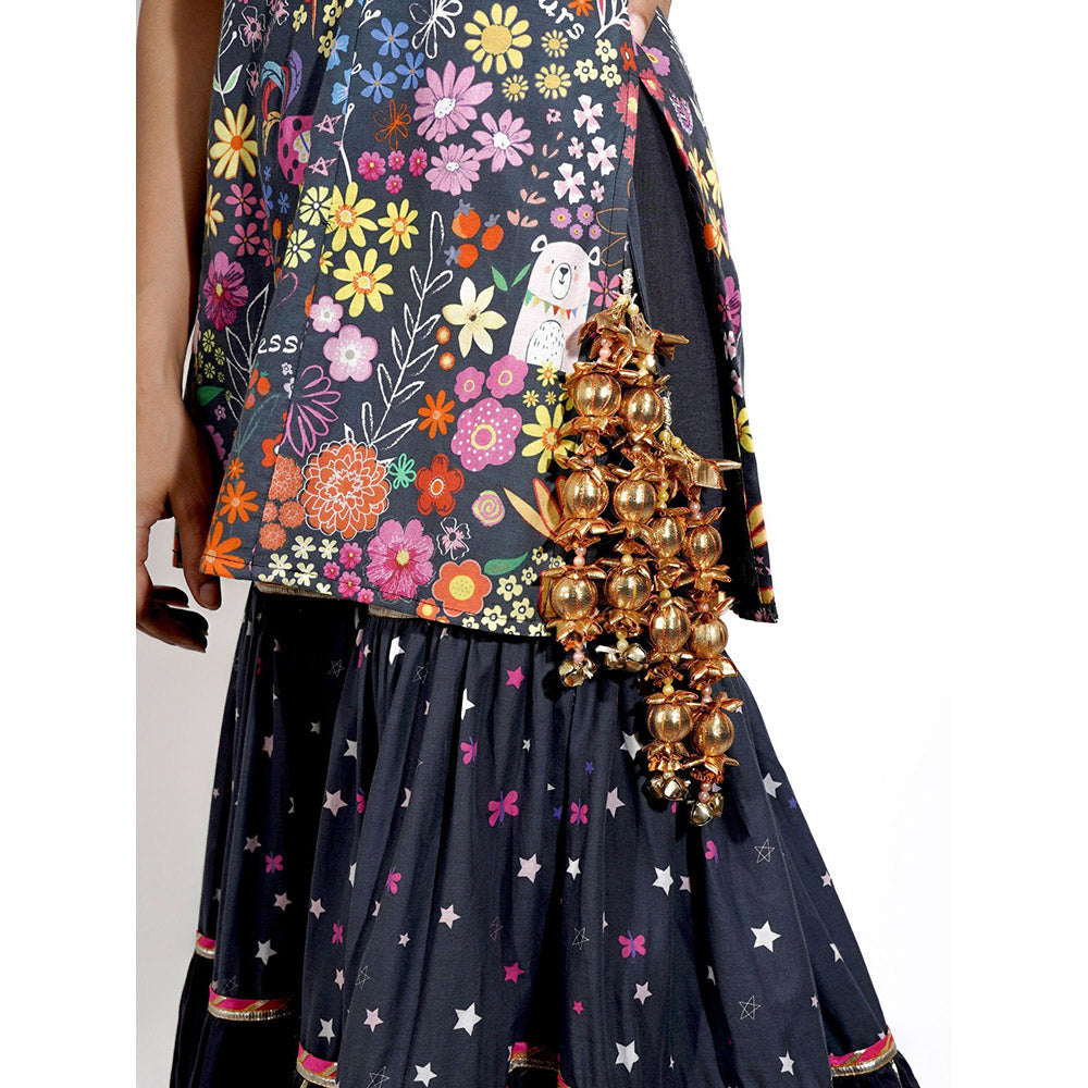 Blushing Couture by Shafali Black Flora Print Sharara (Set of 3)