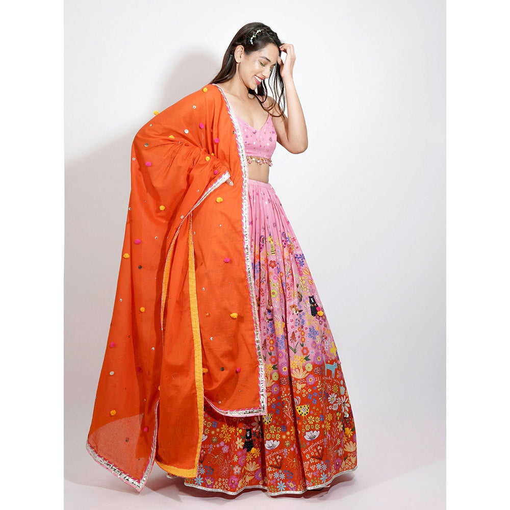 Blushing Couture by Shafali Pink Ombre Flora Print Lehenga (Set of 3)