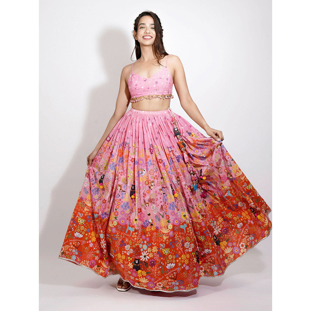 Blushing Couture by Shafali Pink Ombre Flora Print Lehenga (Set of 3)