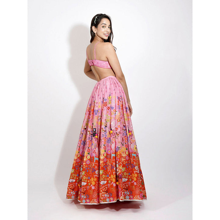 Blushing Couture by Shafali Pink Ombre Flora Print Lehenga (Set of 3)