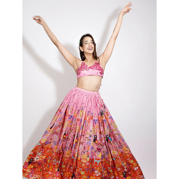 Blushing Couture by Shafali Pink Ombre Flora Print Lehenga (Set of 3)