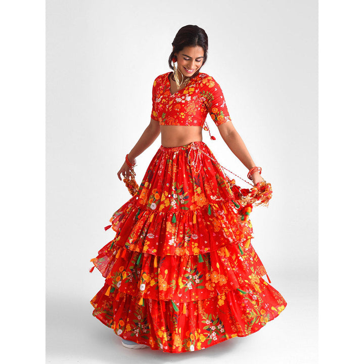 Blushing Couture by Shafali Red 3 Tier Lehenga (Set of 2)