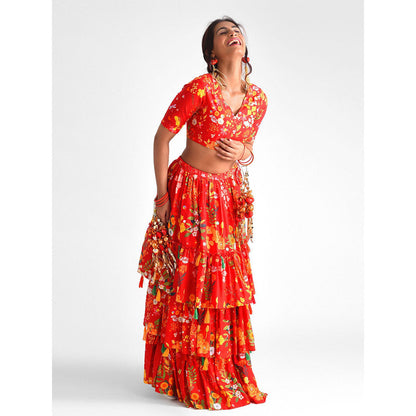 Blushing Couture by Shafali Red 3 Tier Lehenga (Set of 2)