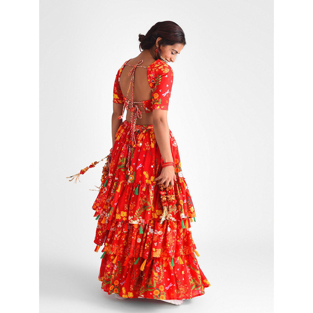 Blushing Couture by Shafali Red 3 Tier Lehenga (Set of 2)