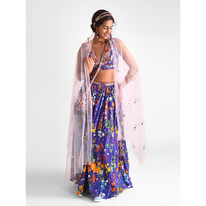 Blushing Couture by Shafali Purple Floral Lehanga (Set of 4)