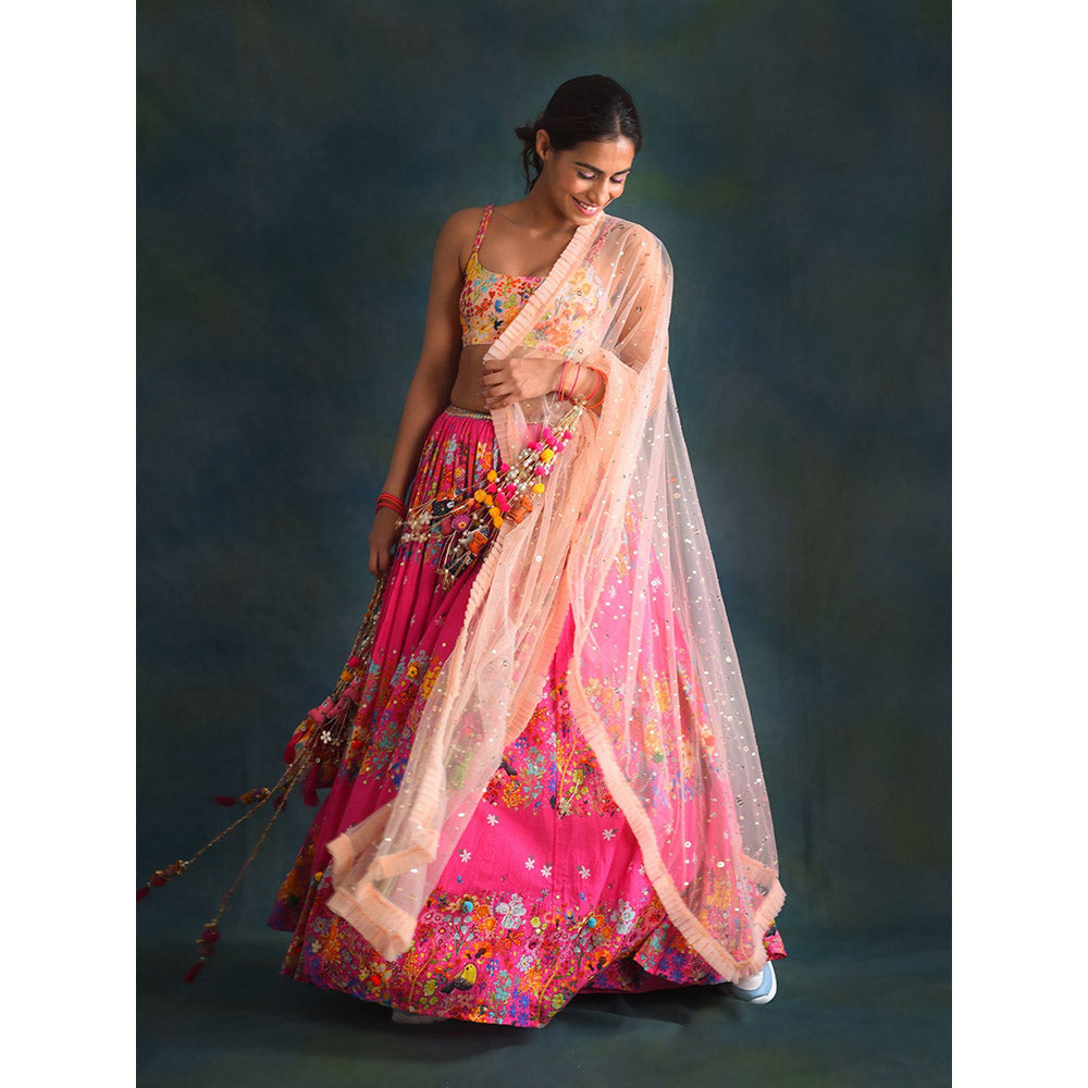 Blushing Couture by Shafali Fuchsia Floral Lehanga (Set of 3)