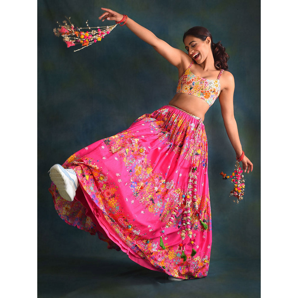 Blushing Couture by Shafali Fuchsia Floral Lehanga (Set of 3)