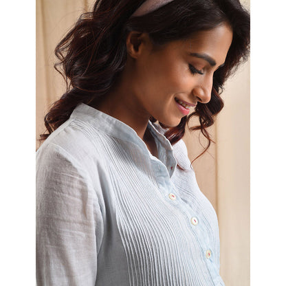 Blushing Couture by Shafali Blue Pleated Shirt