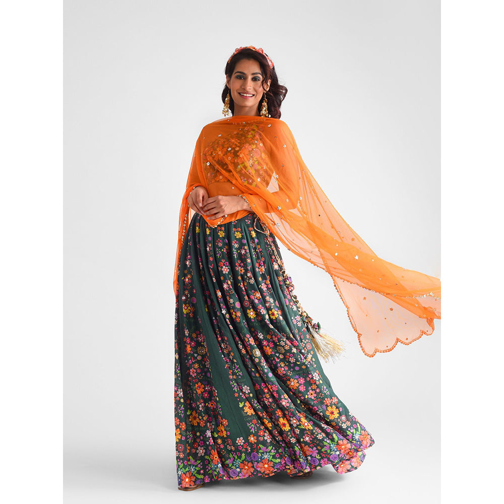 Blushing Couture by Shafali Green Floral Printed Lehenga (Set of 3)