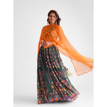 Blushing Couture by Shafali Green Floral Printed Lehenga (Set of 3)