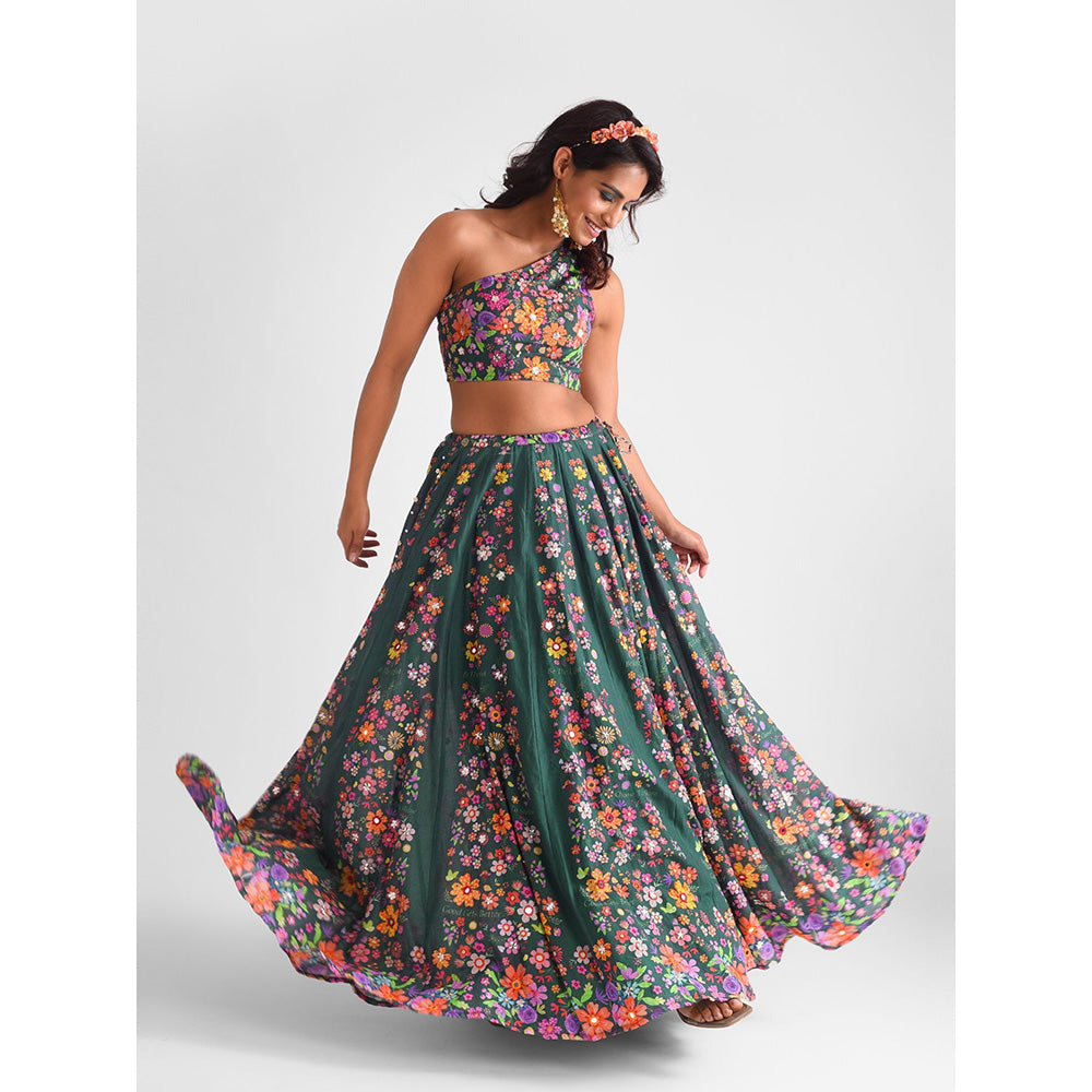 Blushing Couture by Shafali Green Floral Printed Lehenga (Set of 3)