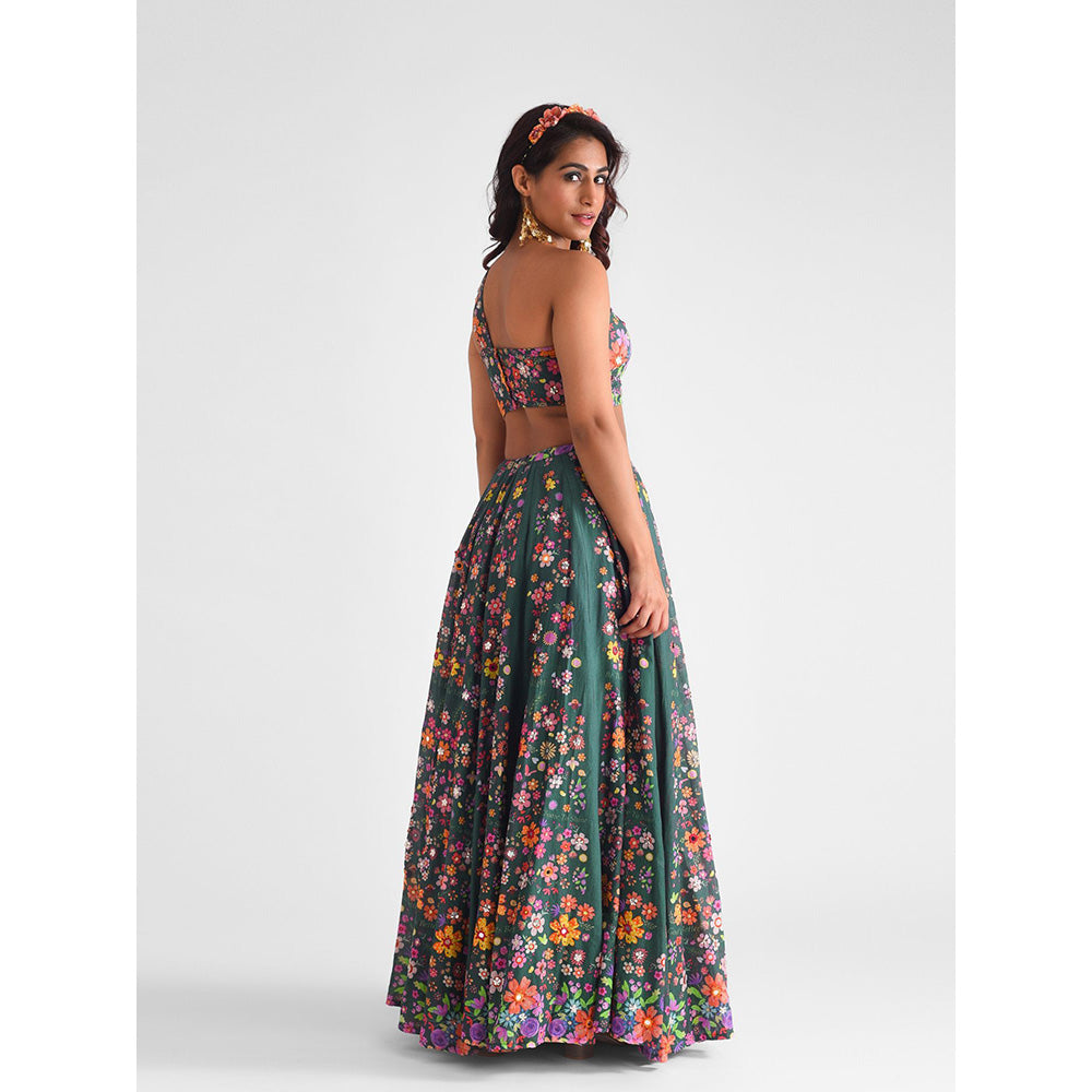 Blushing Couture by Shafali Green Floral Printed Lehenga (Set of 3)