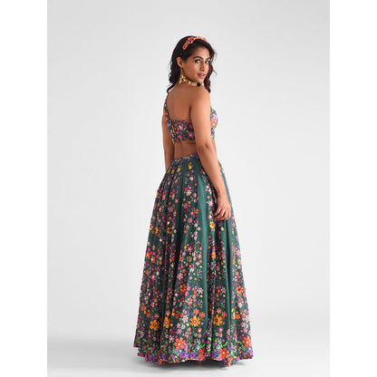 Blushing Couture by Shafali Green Floral Printed Lehenga (Set of 3)