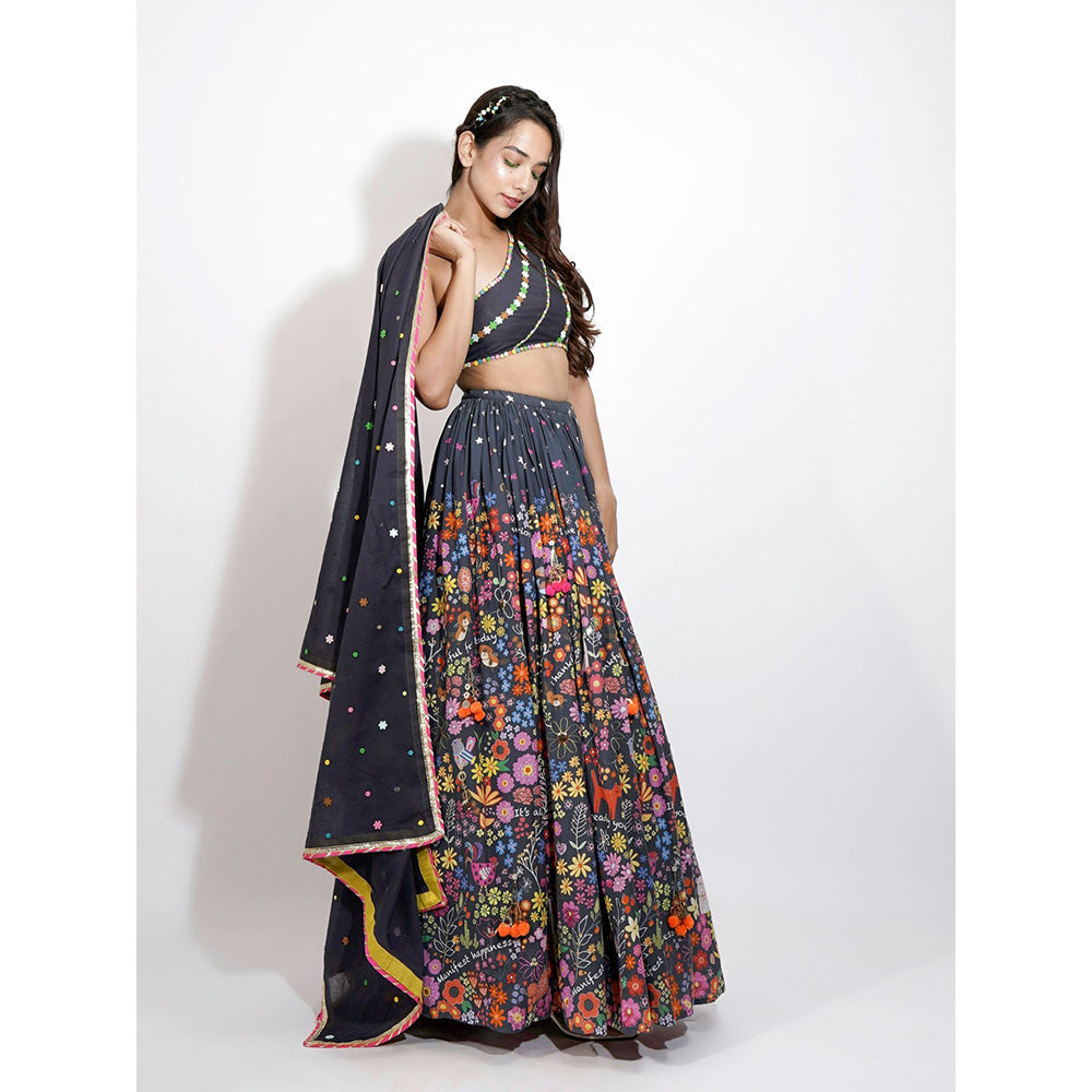 Blushing Couture by Shafali Black Flora Print Embroidered Lehenga (Set of 3)