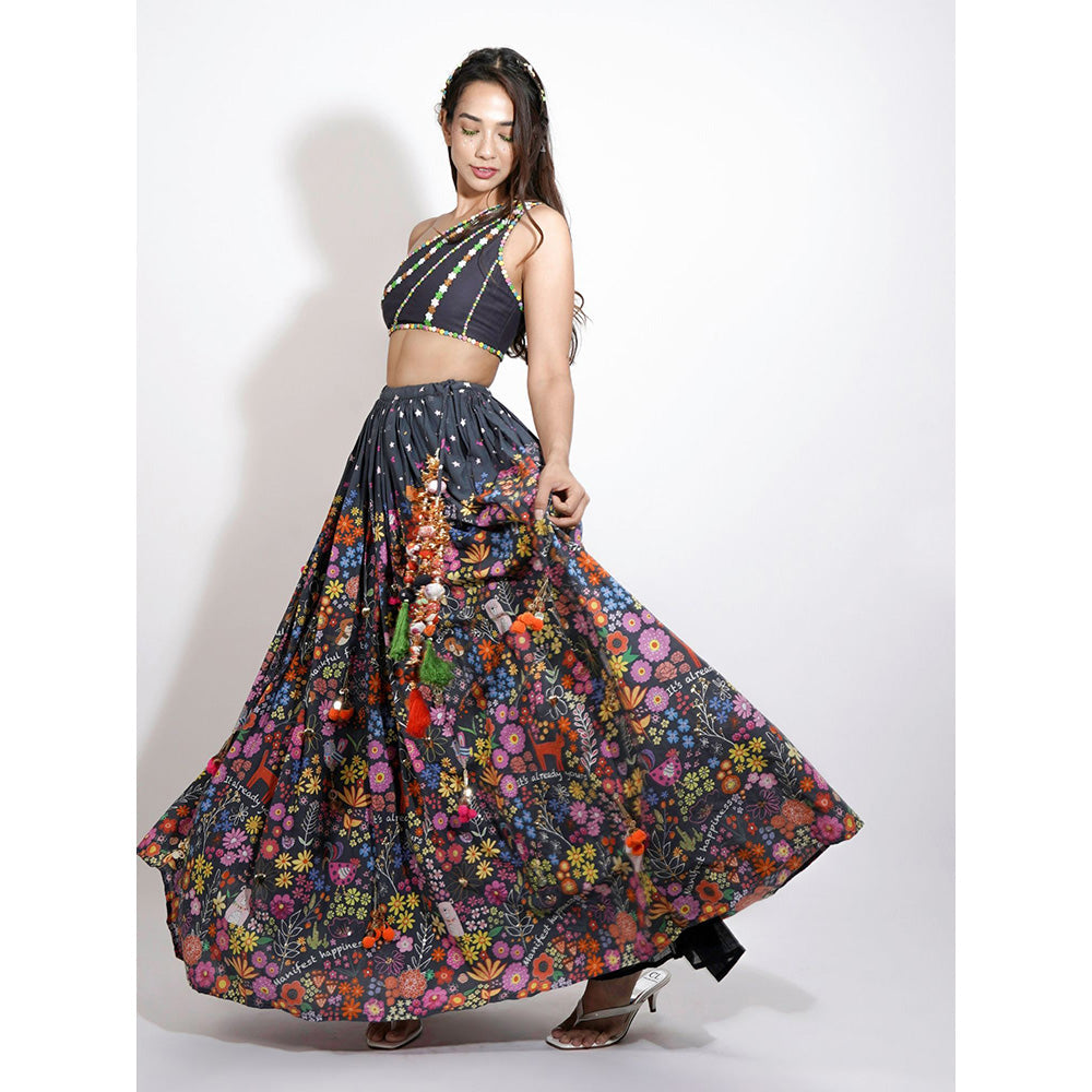 Blushing Couture by Shafali Black Flora Print Embroidered Lehenga (Set of 3)