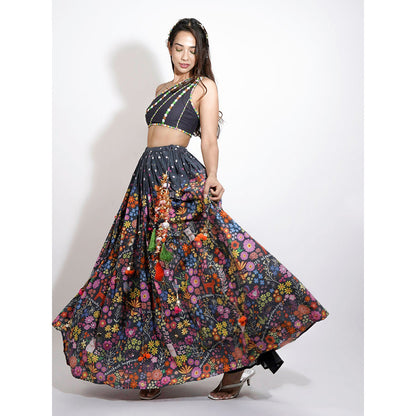 Blushing Couture by Shafali Black Flora Print Embroidered Lehenga (Set of 3)