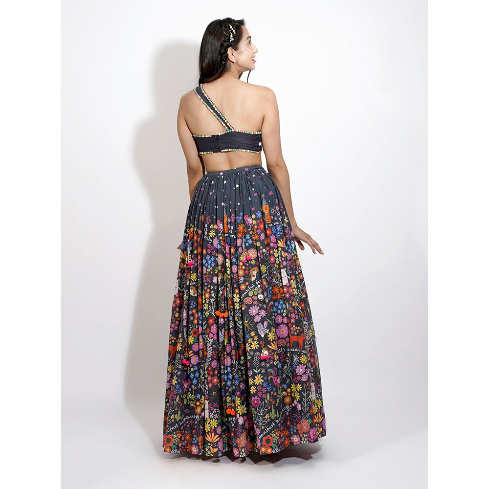 Blushing Couture by Shafali Black Flora Print Embroidered Lehenga (Set of 3)