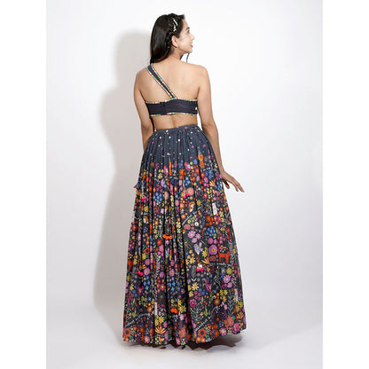 Blushing Couture by Shafali Black Flora Print Embroidered Lehenga (Set of 3)