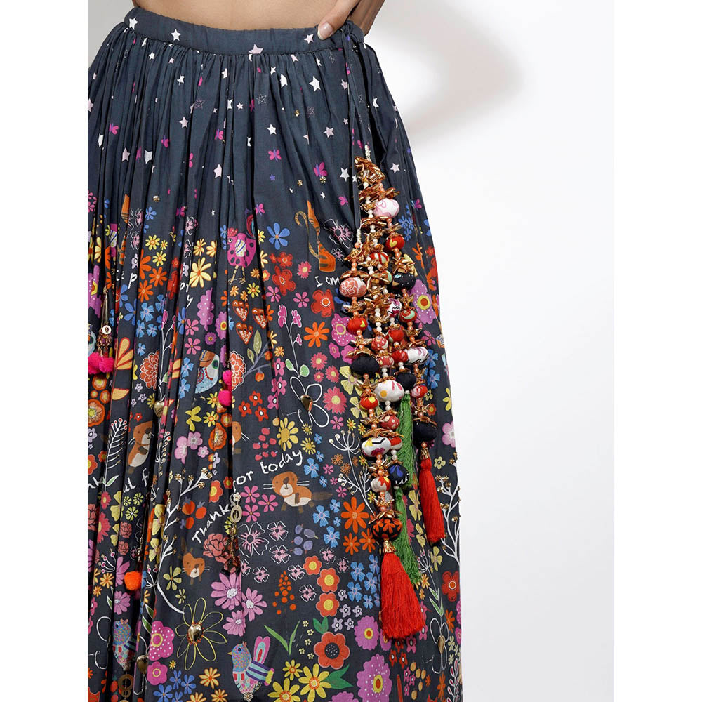 Blushing Couture by Shafali Black Flora Print Embroidered Lehenga (Set of 3)